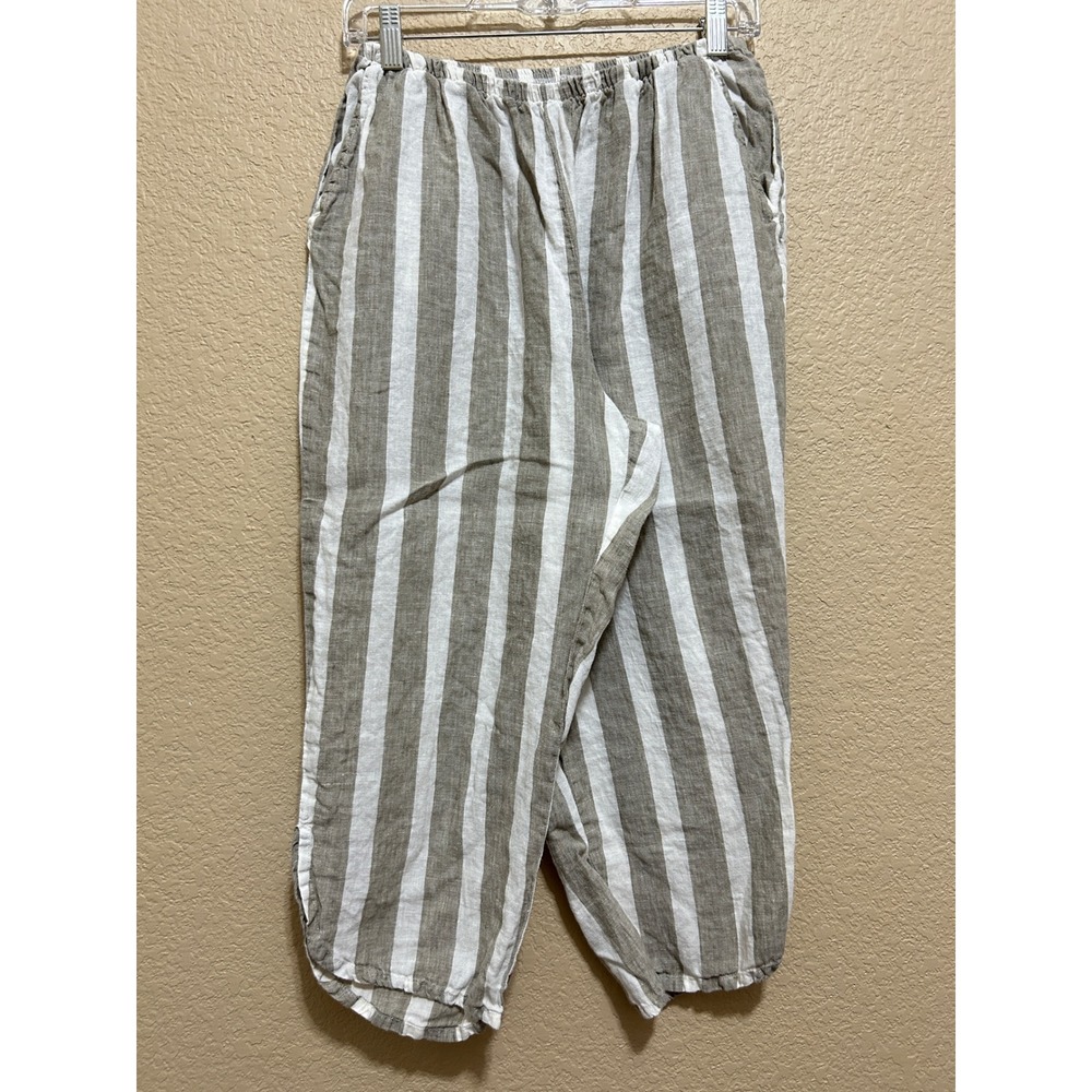 Flax S Striped Linen Cropped Pants Taupe White Coastal Lagenlook Relaxed
